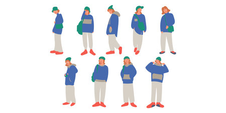 Set of different people in winter clothes. Vector illustration in flat styleのイラスト素材