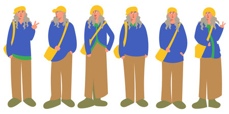 Vector illustration of a female backpacker in different poses and attitudes.のイラスト素材