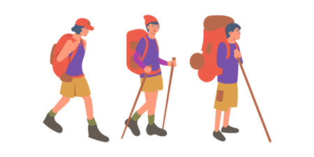 Hiking tourists with backpacks and sticks. Vector illustration in flat styleのイラスト素材