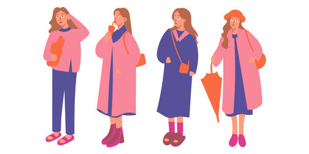 Women in winter clothes. Cartoon style. Set of vector illustrations.のイラスト素材