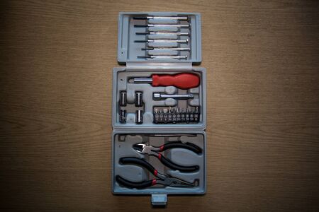 A portable tool box placed on a desk.の写真素材