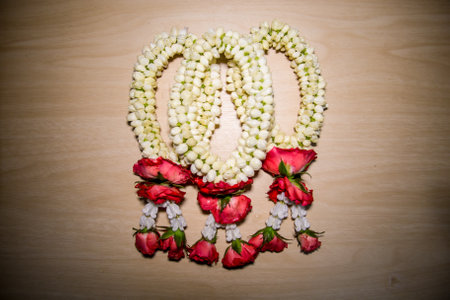 Three jasmine garlands were placed on the table.の写真素材