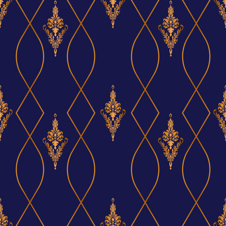 Golden damask with dark blue background for fabric, wallpaper, packaging. Ornate Damask flower ornamentのイラスト素材