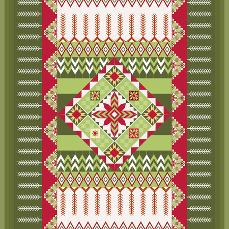 Vibrant Native American-Inspired Christmas Pattern: A Symmetrical Design of Red and Green Geometric Shapes, Diamond Motifs, and Festive Borders Evoking Traditional Textilesのイラスト素材