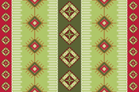 Elegant and Symmetrical Christmas-Inspired Native American Geometric Pattern with Rows of Diamond Motifs and Festive Borders in Green, Red, and White.のイラスト素材