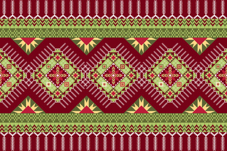 Intricate Native American-Inspired Christmas Pattern with Symmetrical Diamond Motifs, Chevron Stripes, and Festive Green, Red, and Yellow Accentsのイラスト素材