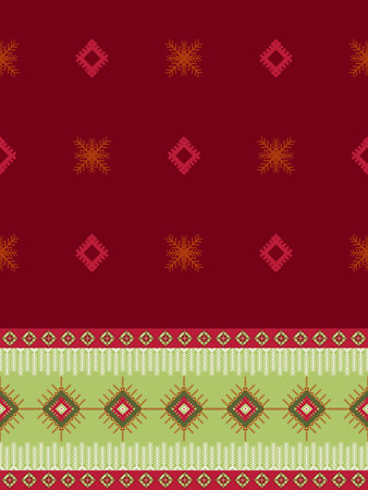 Elegant Christmas Pattern Inspired by Native American Motifs: A Rich Red and Green Textile Design...