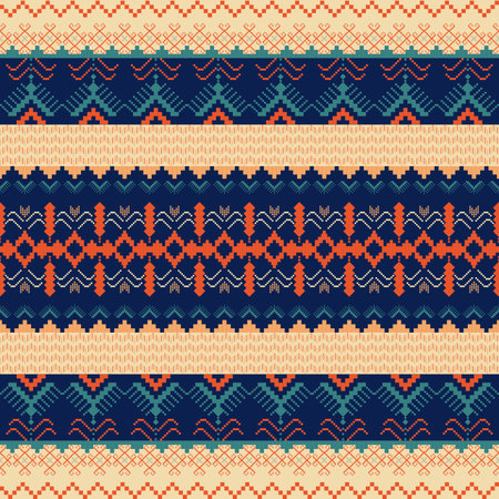 Intricate Pixel Art Pattern with Geometric, Heart, and Zigzag Motifs in Navy, Peach, and Teal A Bold and Decorative Design for Textiles, Crafts, and Home Decorのイラスト素材