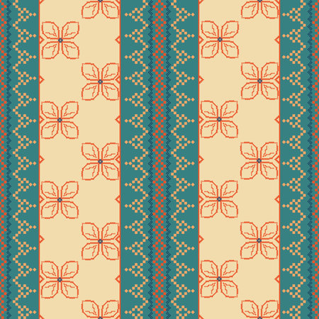 Floral Pixel Art Pattern with Vertical Geometric Borders in Teal, Peach, and Red Traditional and Decorative Design for Textiles, Wallpaper, and Artistic Craftsのイラスト素材