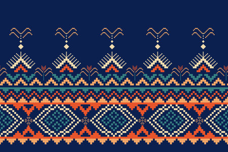 Vivid Pixel Art Pattern Featuring Geometric Diamond Motifs, Floral Accents, and Bold Zigzag Borders in Navy, Teal, and Red Decorative and Symmetrical Design for Textiles and Crafeのイラスト素材