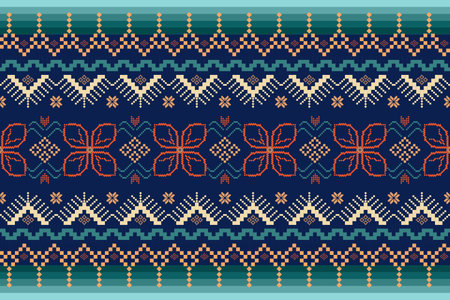Vibrant Pixel Art Pattern with Floral Motifs, Bold Geometric Borders, and Gradient Shades in Navy, Teal, and Orange Decorative Design for Textiles, Wallpaper, and Craftsのイラスト素材
