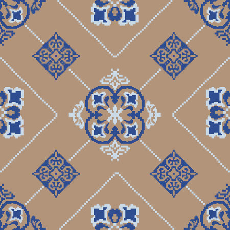 Elegant Portuguese-Inspired Pixel Art Pattern with Royal Blue and Beige Floral and Geometric Motifsのイラスト素材
