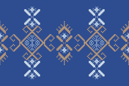 Traditional Blue and Beige Pixel Art Pattern with Symmetrical Geometric Motifs and Ornamental Embellishmentsのイラスト素材
