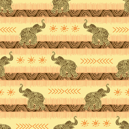 African Tribal Elephant Pattern with Sun Motif and Geometric Stripes in Warm Earth Tonesのイラスト素材