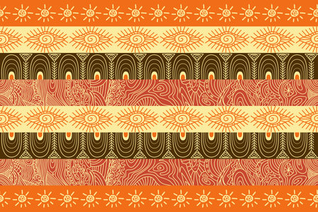 Tribal Sun and Eye Pattern with Geometric Stripes and Abstract Organic Textures in Warm Earthy Tones African style design for textile, prints, phone case, greeting card, backgroundのイラスト素材