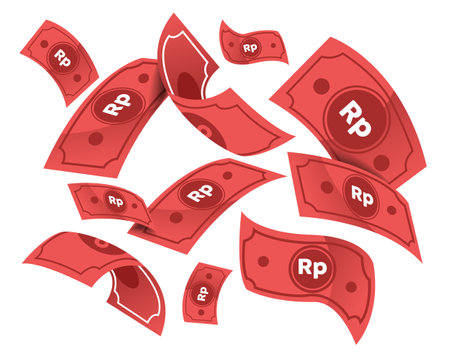 Rupiah paper. money indonesia fly Financial vector background. Money raining, flying red banknotes on a white background. . Indonesian banking currency is Rupiah. Illustration of fのイラスト素材