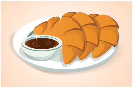 Bread, Flour Products, Sweet Food Concept. sauce to accompany the bread with a delicious chocolate taste. Pastry Muffin Treat Confectionery Man Take Fresh Bread Off the Plate. Breaのイラスト素材