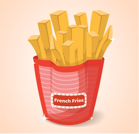 Vector Potatoes French Fries in Red Carton Package Box, Fast Food - french fry mock up template. French fries in the paper basket. Series of food and drink and ingredients for cookのイラスト素材
