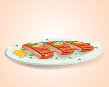 Very delicious grilled salmon on a plate tastyのイラスト素材