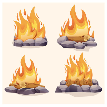 The fire surrounded with stones isolated on a white background. Vector cartoon close-up illustration.のイラスト素材