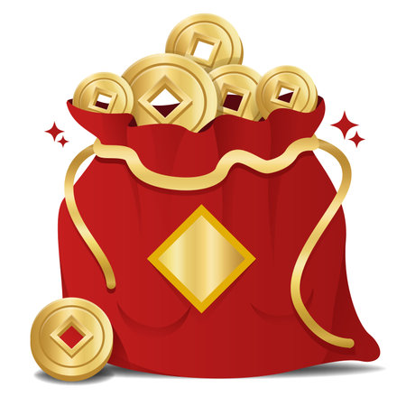 Bags with ribbons or sacks with tassels, pouches with gold ingots, packages with money or hangbao, pouches with Chinese hieroglyphs meaning Good Luck or Fortune.のイラスト素材