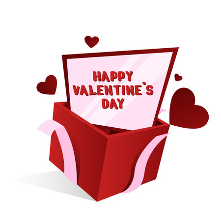 Surprise red gift box with pink ribbon and heart balloon. Open isolated gift box. Party, shopping poster. Valentine's Day design.のイラスト素材