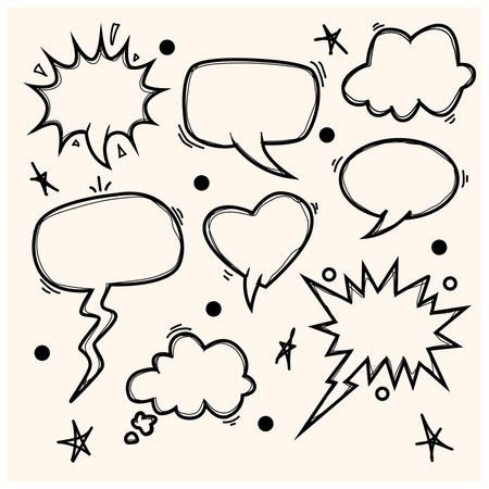 Collection of hand drawn think and talk speech bubbles with messagesのイラスト素材