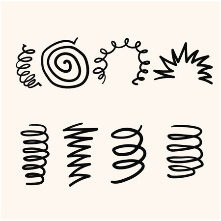 Spiral spring. Flexible coils, wire springs and metal coil spirals silhouette. Vape metallic flexible coils, flexibility steel motor spiral with hand drawn doodle style isolatedのイラスト素材