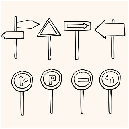 Sketch doodle of Road signs. A set of simple sketches of arrows. Up, down, left, right. Doodle style line artのイラスト素材