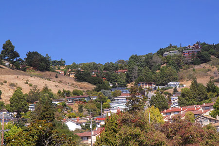 A small American town on the hills with treesの写真素材