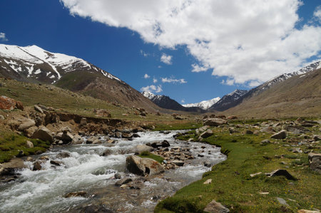 landscape with mountain, rock and stream at Ladakh, Northern India