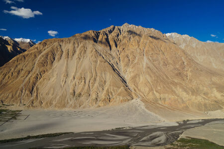 Beautiful scenic view of mountain range near Diskit Monastery in Ladakh, Northern Indiaの写真素材