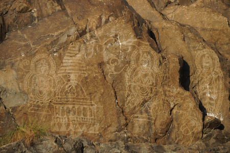 Buddhist rock carvings  along the Indus river near Chilas in Pakistanの写真素材