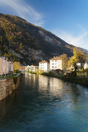 Beautiful view of the river and the house in Interlaken, Switzerlandの写真素材