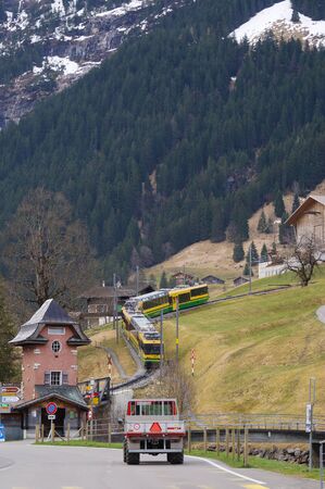 Train in Lauterbrunnen valley, Switzerlandの写真素材