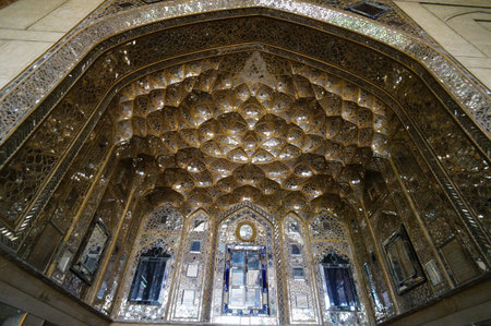 Muqarnas vault decorated with Venetian glass in Chehel Sotoun Palace  in Isfahan,Iran. Chehel sotoun was built in 1646 by Shah Abbas II .のeditorial素材