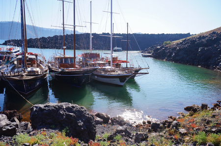 Ships at Nea Kameni Island,near Santorini,Greece.のeditorial素材