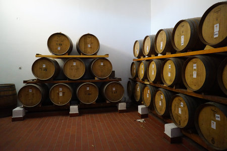 Cellar of wine aging in barrels in Pyrgos,Santorini,Greece.