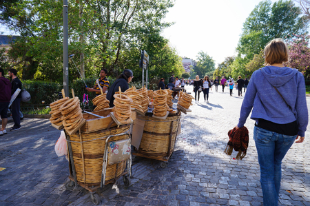Athens,Greece- April 10,2016:Unidentified man selling bagels in the old town of Plaka in Athens.のeditorial素材