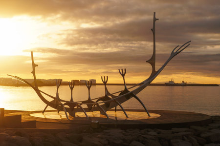 Beautiful landmark Sun Voyager in Reykjavik, Iceland
