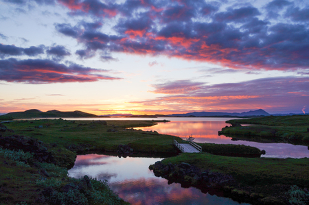 Beautiful sunset at Lake Myvatn in Iceland.の写真素材