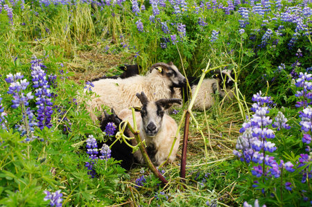 Brown goats in lupin fields,summer in Iceland.の写真素材