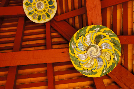 Detail of ceiling at Wat Pong Sanuk Temple's pavilion,Lampang,Thailand.