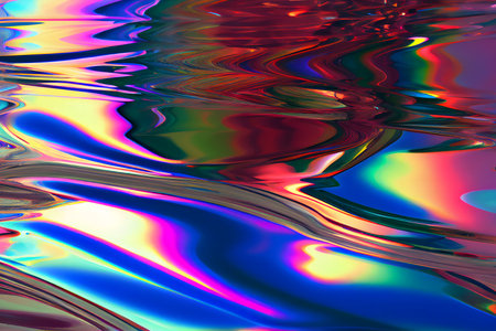 3d Liquid wavy chrome metal surface with colorful chromatic neon lights reflection background