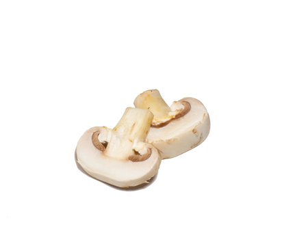two slices of champignons on a white backgroundの写真素材