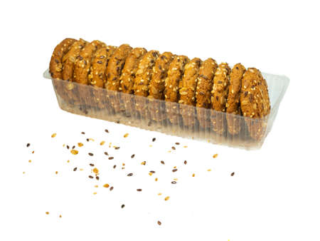 Oatmeal cookies with cereals and nuts in a package. Healthy dietの写真素材
