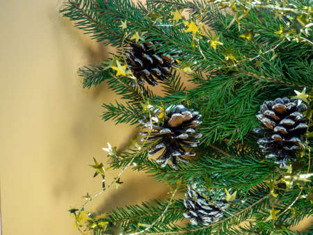 New Year's card, decorations. Cones, stars and fir branches on a beige background. New Year.の写真素材