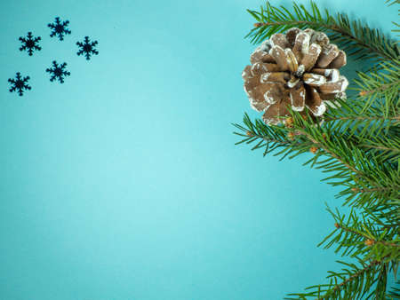 New Year card. Christmas card on blue background. Fir branches. Decorations for the holiday. Spruce conesの写真素材