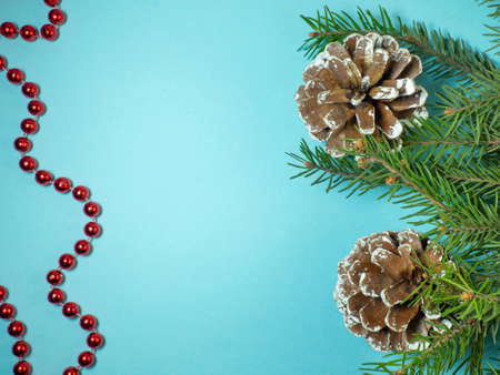 New Year card. Christmas card on blue background. Fir branches. Decorations for the holiday. Red beads and fir conesの写真素材