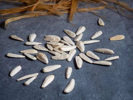 White large seeds on a black background. Sunflower seedsの写真素材